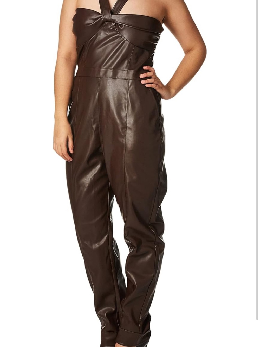 Kendall & Kylie Twist Bandeau Faux Leather Jumpsuit in Brown - Picture 2 of 9